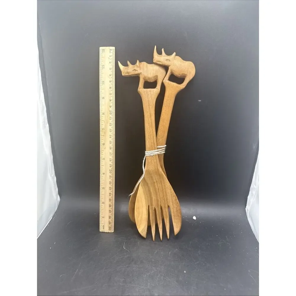 Vintage Hand Carved Wooden Rhinoceros Salad Serving Spoon Fork Teak Wood Set